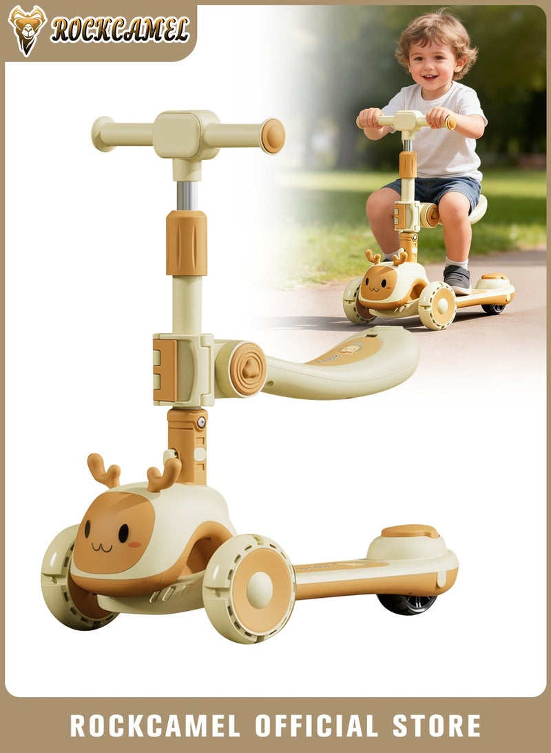 ROCKCAMEL 2 in 1 Kids Kick Scooter, Foldable Scooter with LED Lighted Wheels and 4-Level Adjustable Height Handlebars, Widen Anti-Slip Deck, Sensitive Brakes, Kids Toys for Boys & Girls Ages 1-12, Khaki - Image 1